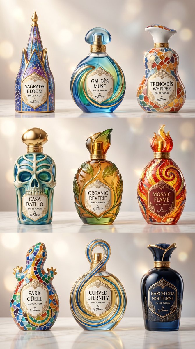 高迪风格香水瓶网格设计 / Gaudí-Inspired Perfume Bottle Grid，人像与摄影，人像、电影感、海报，案例输出图 1