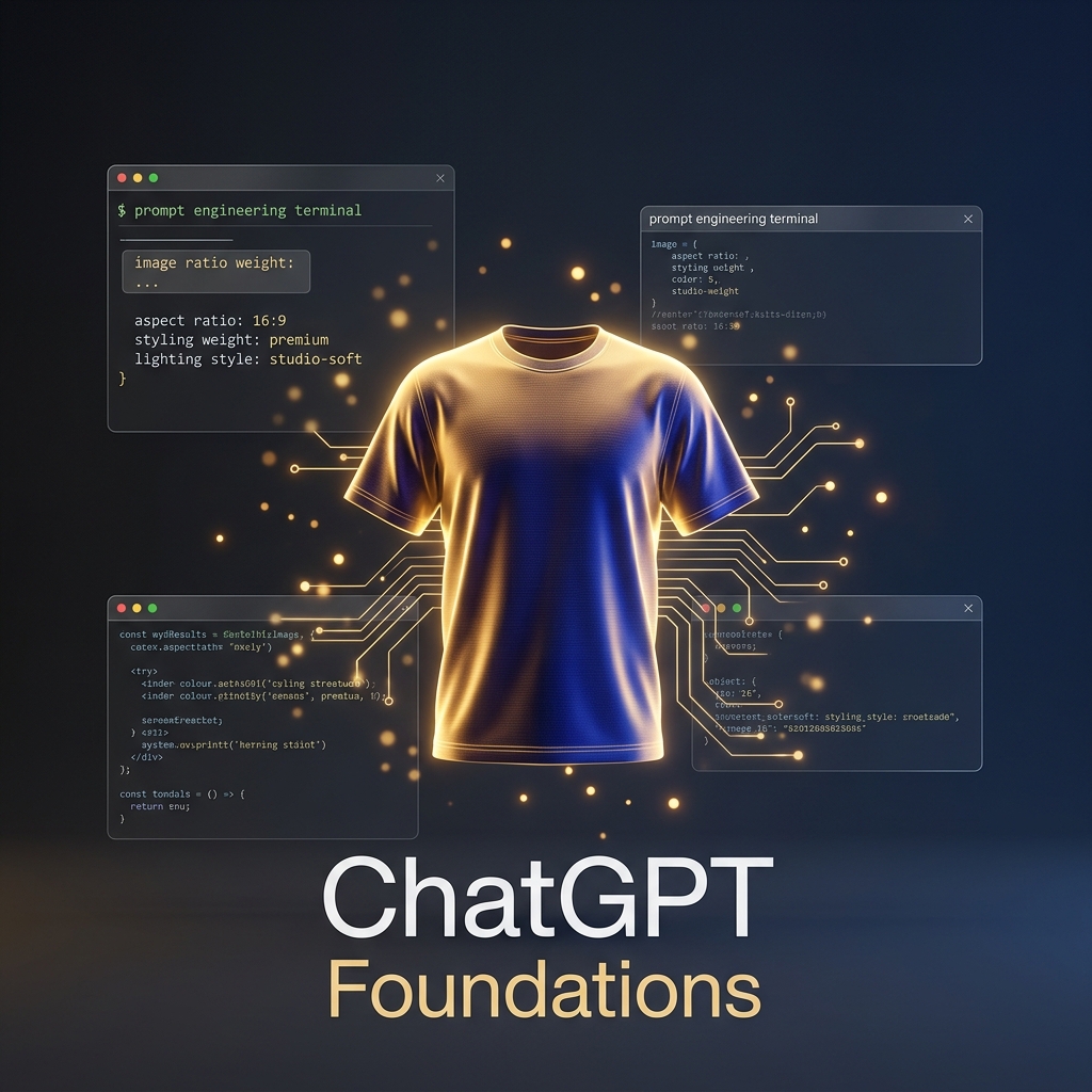 ChatGPT 基础课程产品视觉图 / ChatGPT Foundations Product Visual,UI 与社交媒体截图,电影感、海报、UI,案例输出图 1