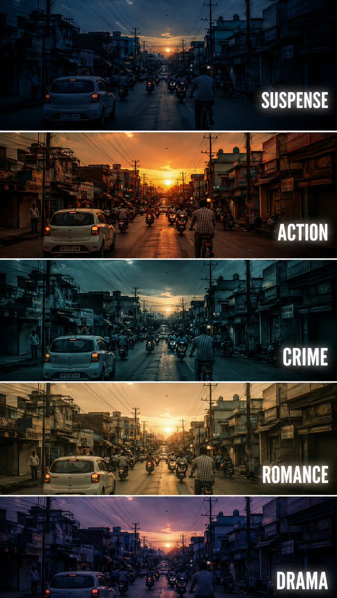 电影级影片类型调色对比 / Cinematic Film Genre Color Grading Comparison,模型对比与社区,35mm、电影感、海报,案例输出图 1