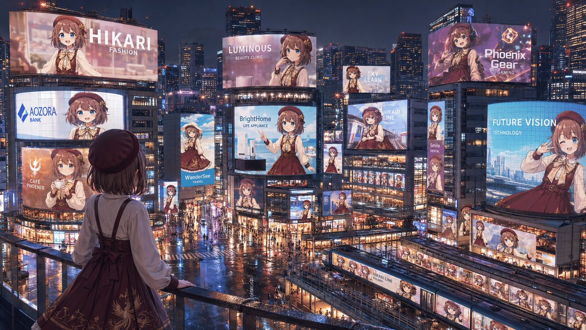 动漫偶像广告霸屏城市 / Anime Idol Advertising Takeover City,角色设计,霓虹、人像、电影感,案例输出图 1