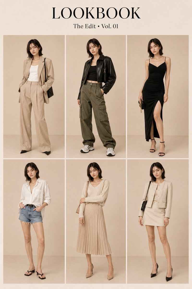 韩系时尚 Lookbook 网格提示词 / Korean Fashion Lookbook Grid Prompt,角色设计,时尚、插画、角色,案例输出图 1