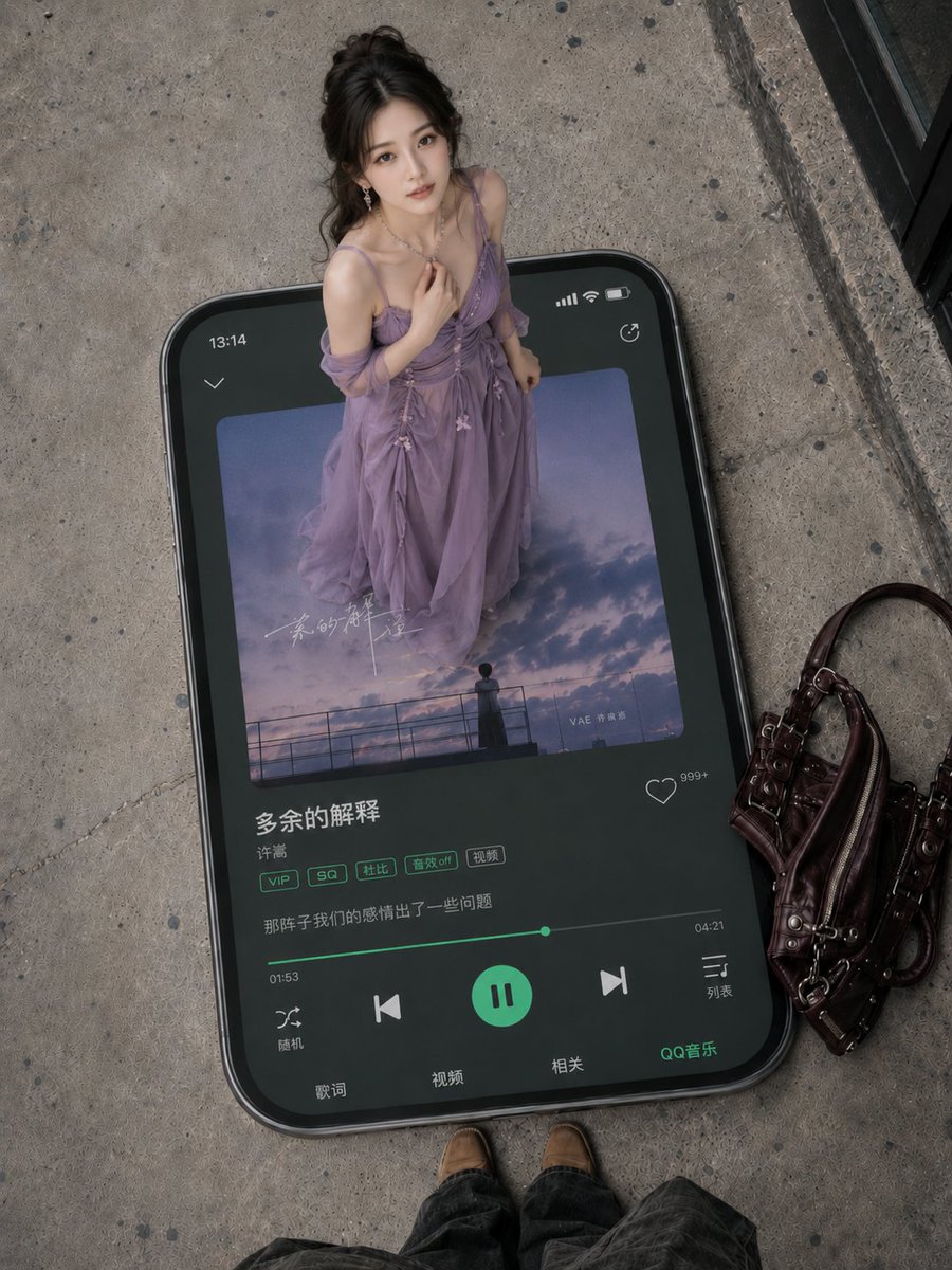 巨型智能手机音乐播放器场景 / Giant Smartphone Music Player Scene,UI 与社交媒体截图,时尚、UI、截图,案例输出图 1