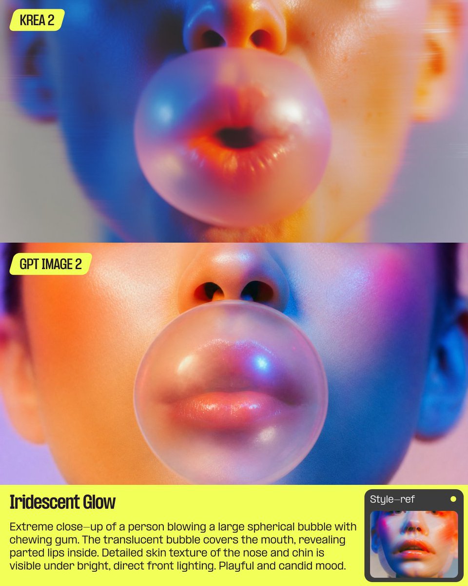 AI 泡泡糖风格对比 Slides / AI Bubblegum Style Comparison Slide,模型对比与社区,霓虹、人像、时尚,案例输出图 1