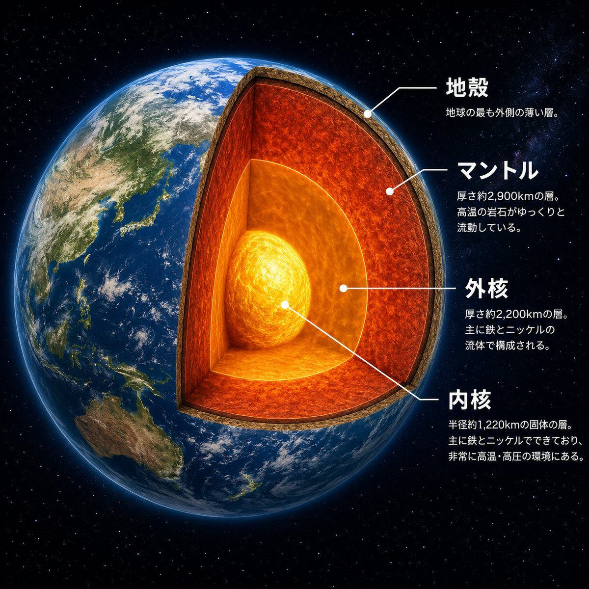 地球剖面结构信息图 / Earth Cutaway Layer Infographic,UI 与社交媒体截图,电影感、海报、UI,案例输出图 1