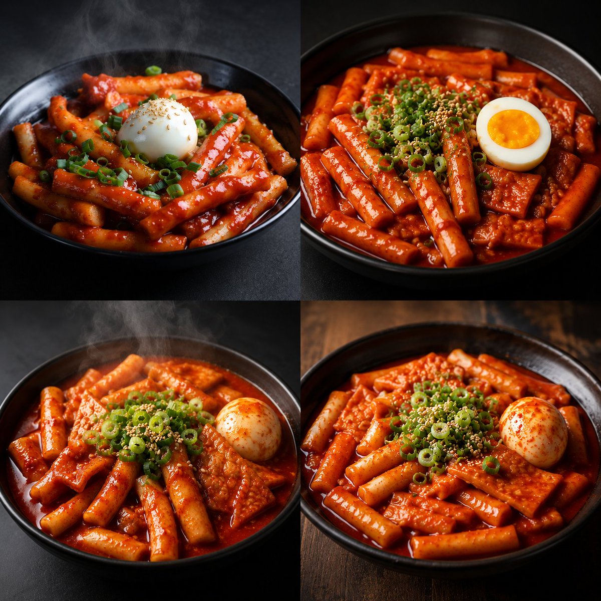 四宫格炒年糕对比图 / Four-Panel Tteokbokki Comparison,模型对比与社区,极简、产品图、对比实验,案例输出图 1