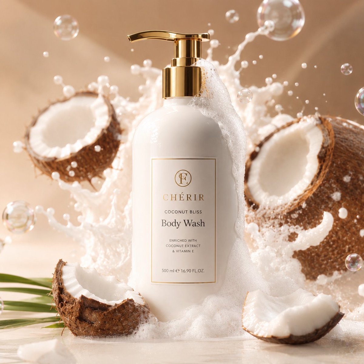 高端椰子护肤品产品摄影 / Premium Coconut Skincare Product Shot，海报与插画，海报、插画、极简，案例输出图 1