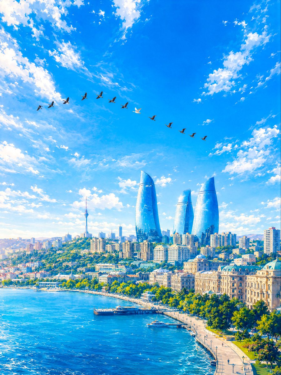 巴库火焰塔航拍场景 / Baku Flame Towers Aerial Scene,角色设计,海报、角色、城市视觉,案例输出图 1