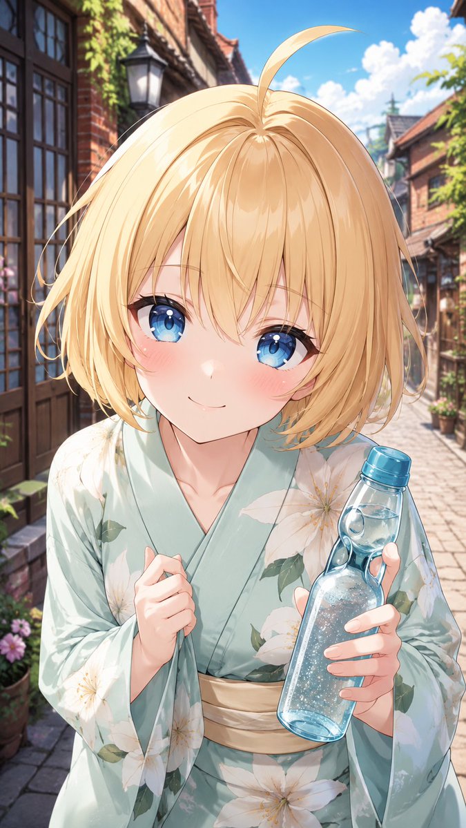 手持弹珠汽水的金发浴衣少女 / Blonde Yukata Girl Holding Ramune,角色设计,人像、时尚、插画,案例输出图 1