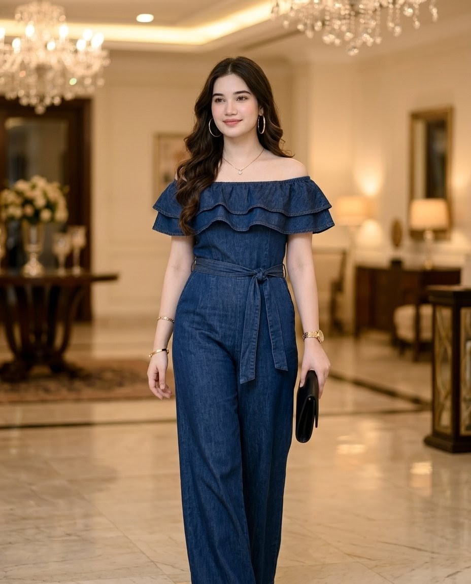 优雅牛仔连体裤酒店人像 / Elegant Denim Jumpsuit Hotel Portrait,人像与摄影,人像、时尚、竖版,案例输出图 1