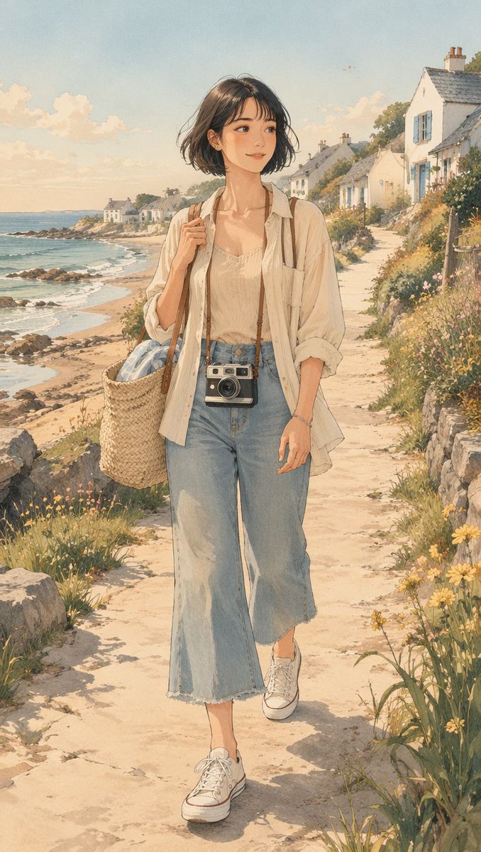 手绘动漫风格海滩漫步 / Hand-Drawn Anime Beach Walk，角色设计，人像、插画、角色，案例输出图 3