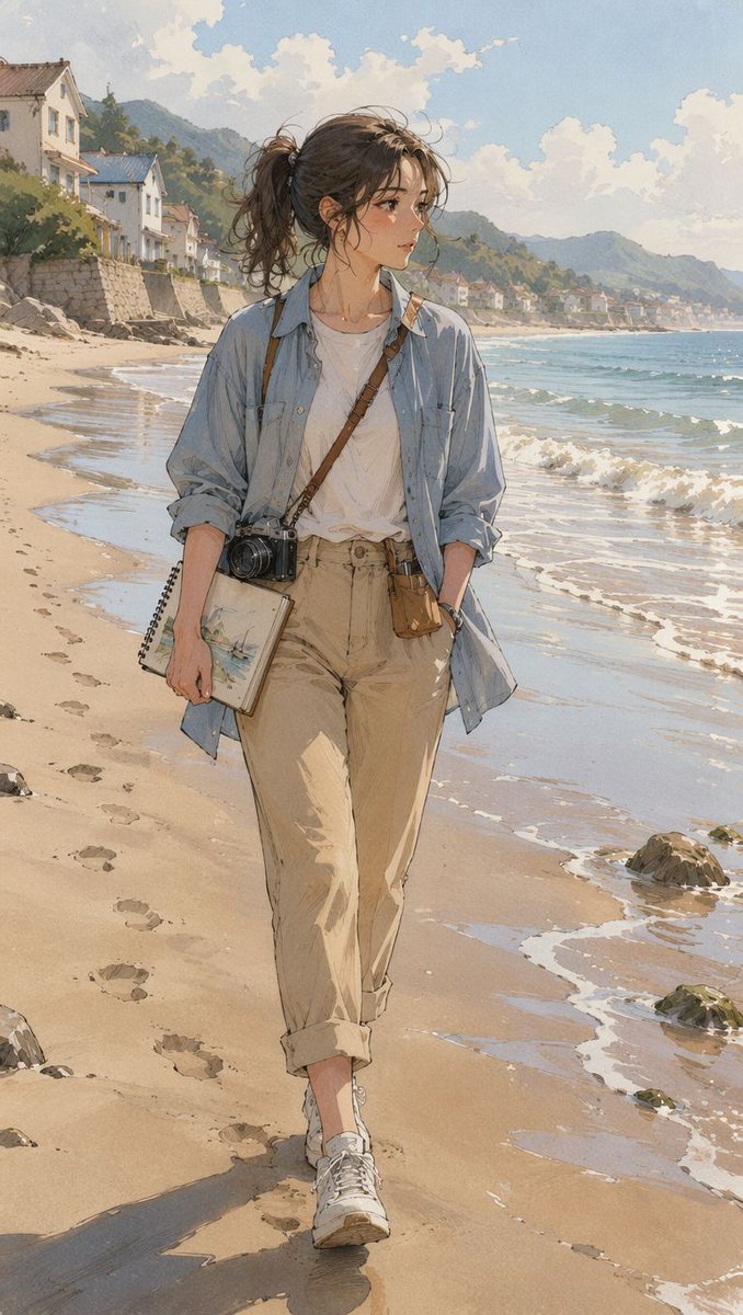 手绘动漫风格海滩漫步 / Hand-Drawn Anime Beach Walk，角色设计，人像、插画、角色，案例输出图 2