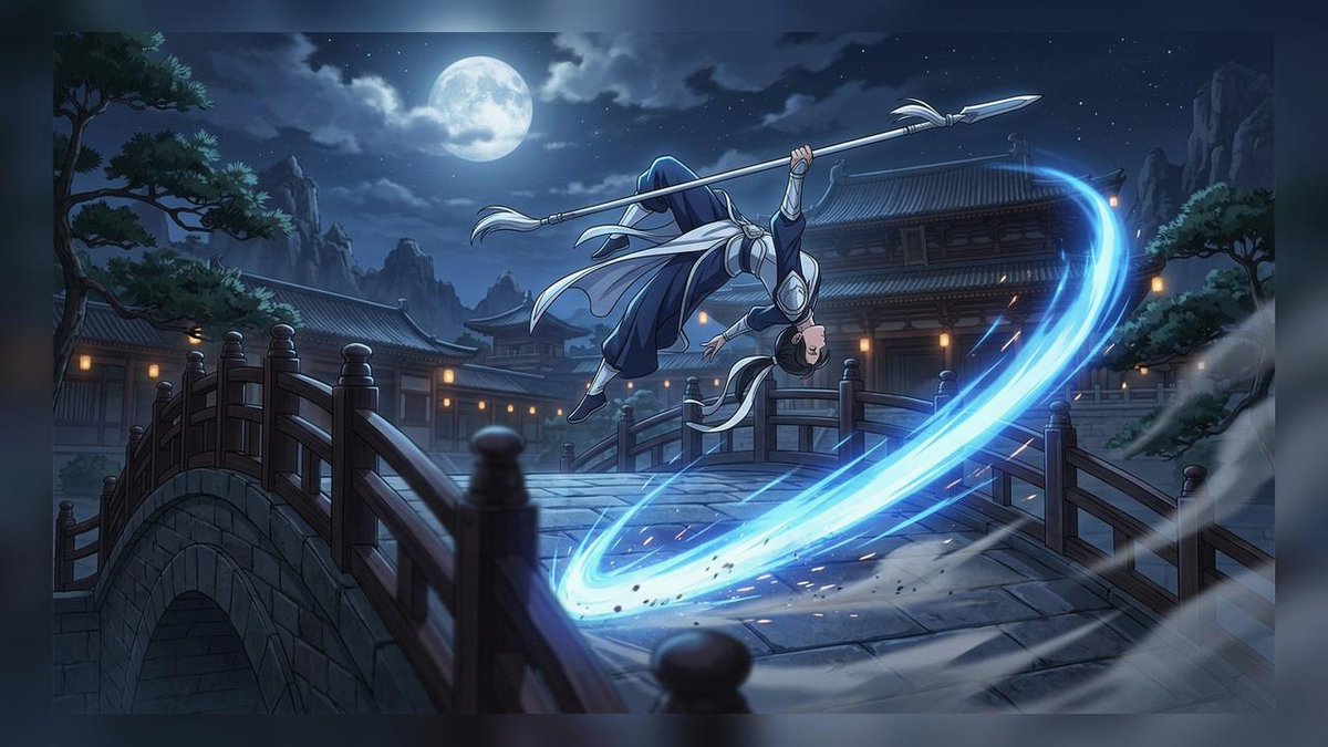 月下动漫长枪武者 / Moonlit Anime Spear Warrior,角色设计,电影感、插画、角色,案例输出图 1