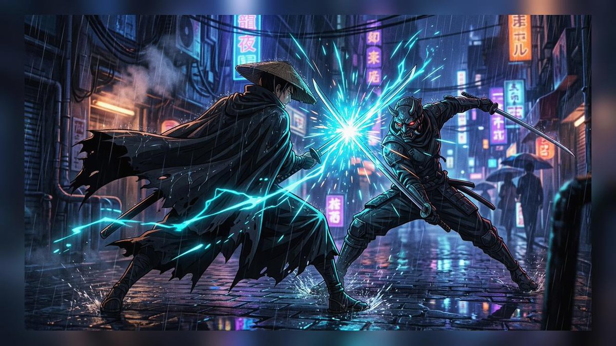 赛博朋克浪人对决 / Cyberpunk Ronin Duel,角色设计,霓虹、电影感、插画,案例输出图 1