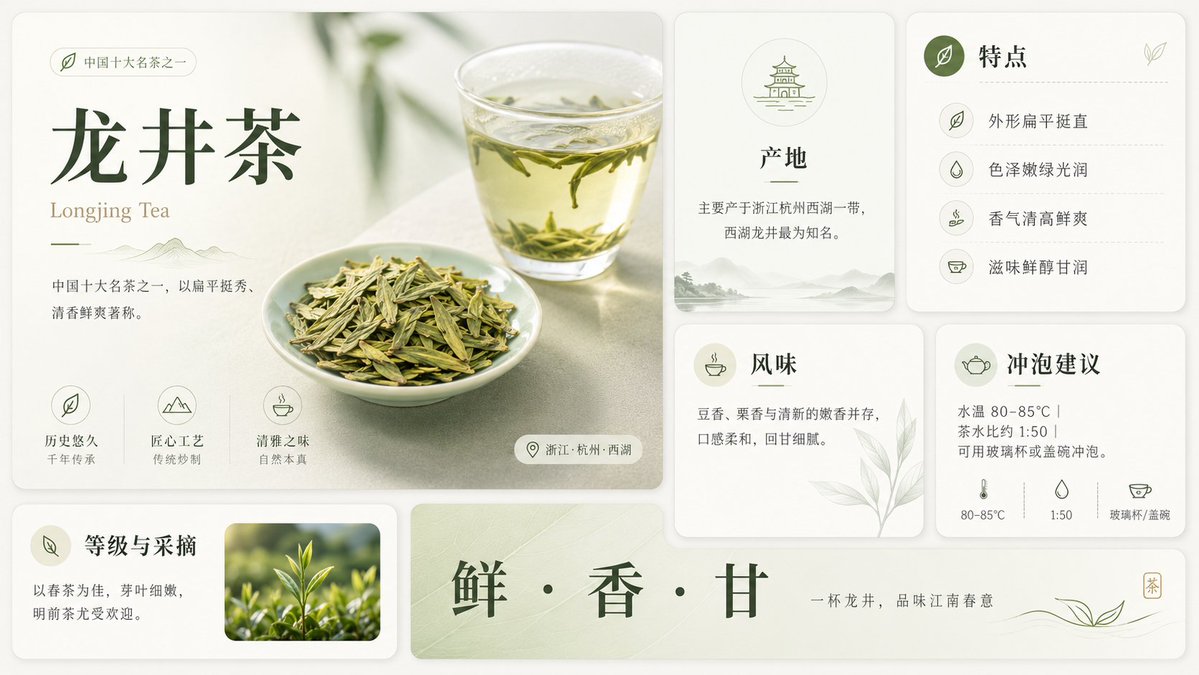 龙井茶信息图海报 / Longjing Tea Infographic Poster,UI 与社交媒体截图,时尚、海报、插画,案例输出图 1