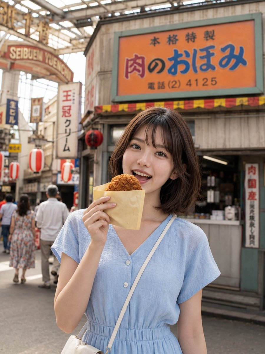 昭和复古游乐园可乐饼人像 / Showa Retro Arcade Croquette Portrait,人像与摄影,人像、城市视觉、竖版,案例输出图 1