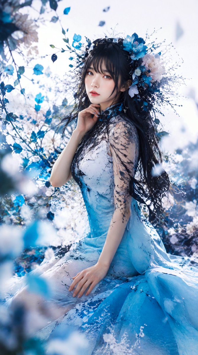 蓝色花卉幻想肖像 / Blue Floral Fantasy Portrait，人像与摄影，人像、电影感、时尚，案例输出图 1