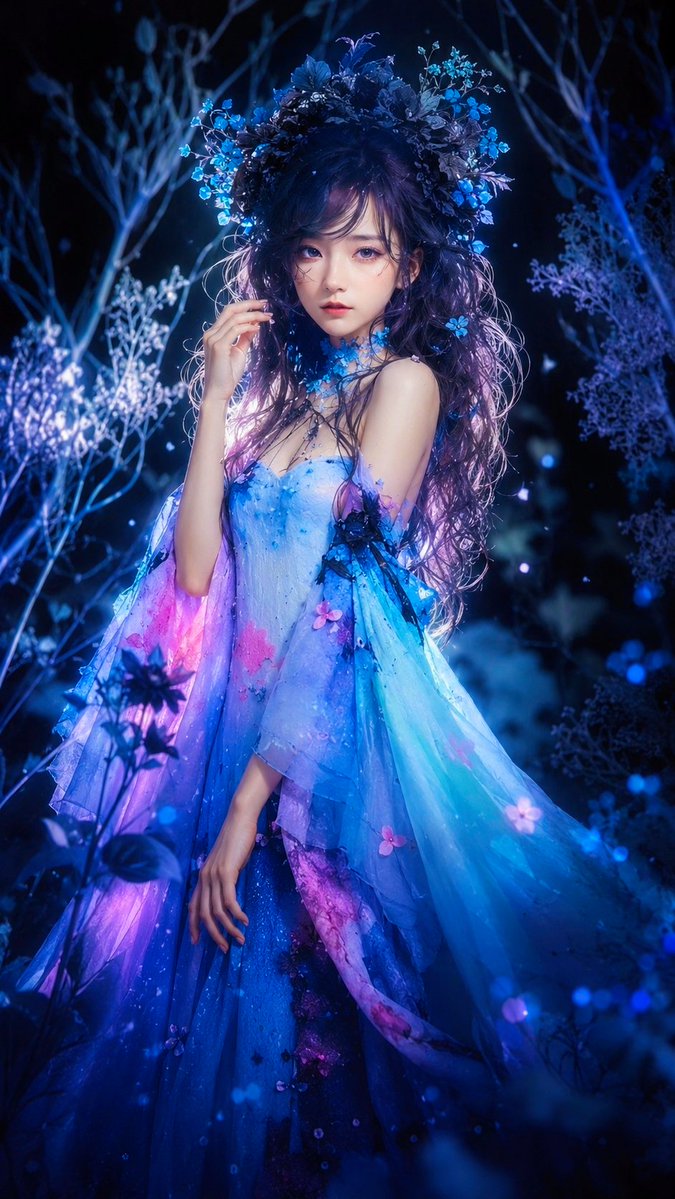 蓝色花卉幻想肖像 / Blue Floral Fantasy Portrait，人像与摄影，人像、电影感、时尚，案例输出图 3