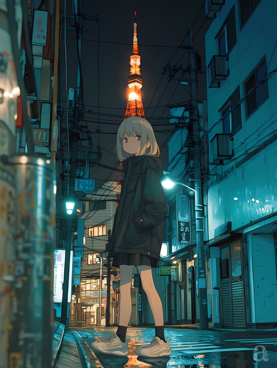雨中东京小巷的动漫少女 / Anime Girl in Rainy Tokyo Alley,角色设计,电影感、插画、角色,案例输出图 1