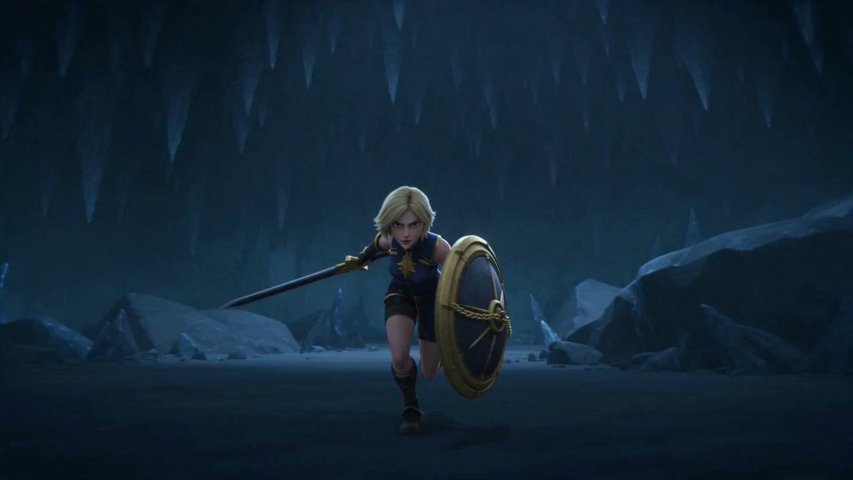 冰窟中的金发战士 / Blonde Warrior in an Icy Cavern,角色设计,35mm、电影感、插画,案例输出图 1
