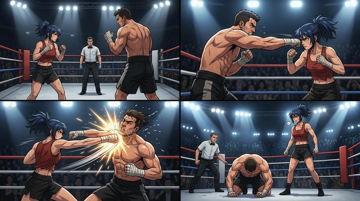 四格漫画风格拳击击倒 / Four-Panel Anime Boxing Knockout，角色设计，电影感、插画、角色，案例输出图 1