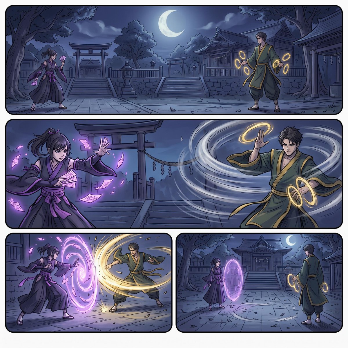月下神社法师对决漫画 / Moonlit Shrine Sorcerer Duel Comic,角色设计,人像、电影感、插画,案例输出图 1