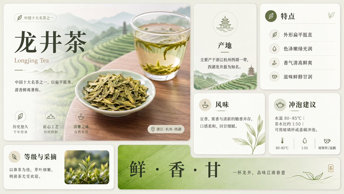 龙井茶信息图海报 / Clean Longjing Tea Infographic Upscale,UI 与社交媒体截图,海报、插画、UI,案例输出图 1