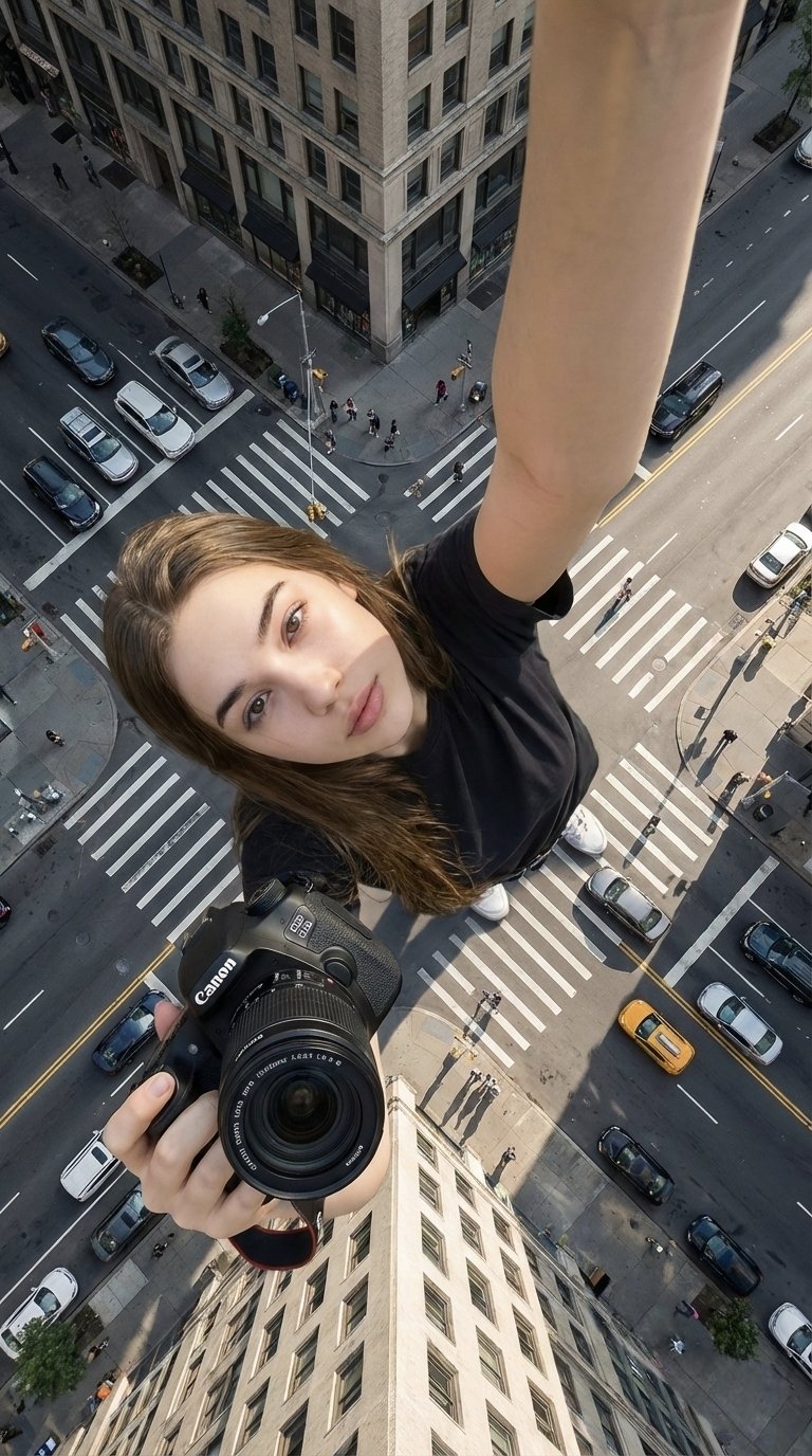 俯拍巨女城景自拍 / Giant Woman Topdown Selfie，人像与摄影，人像、电影感、城市视觉，案例输出图 1
