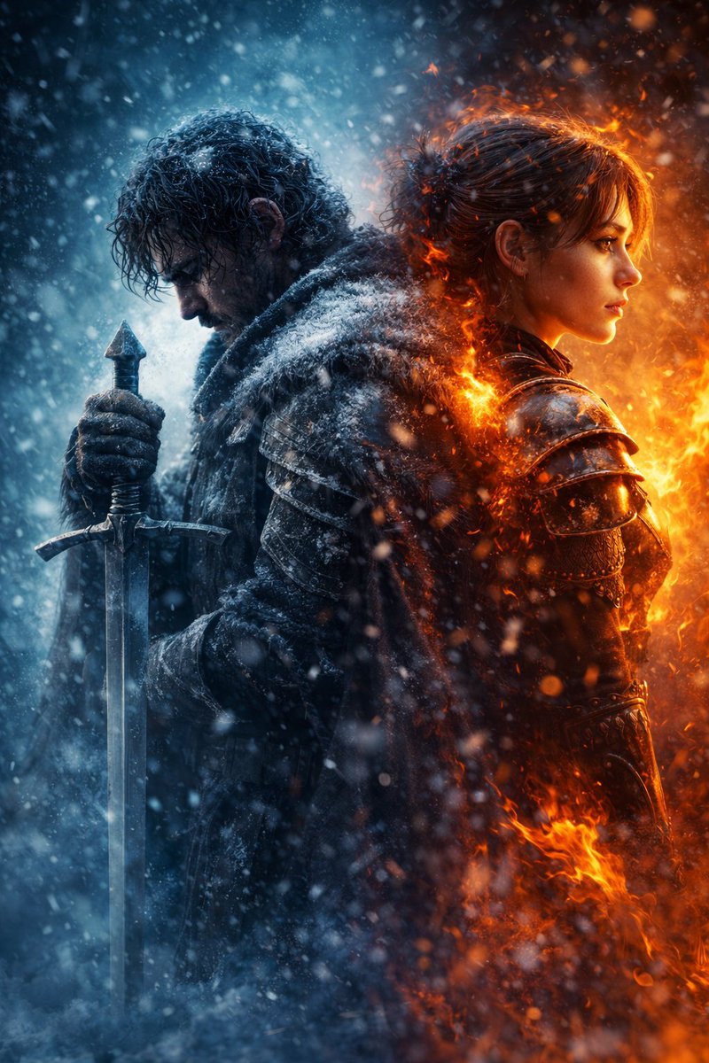 冰火双雄背靠背史诗电影海报 / Ice Fire Warriors Epic Poster，人像与摄影，人像、电影感、海报，案例输出图 1