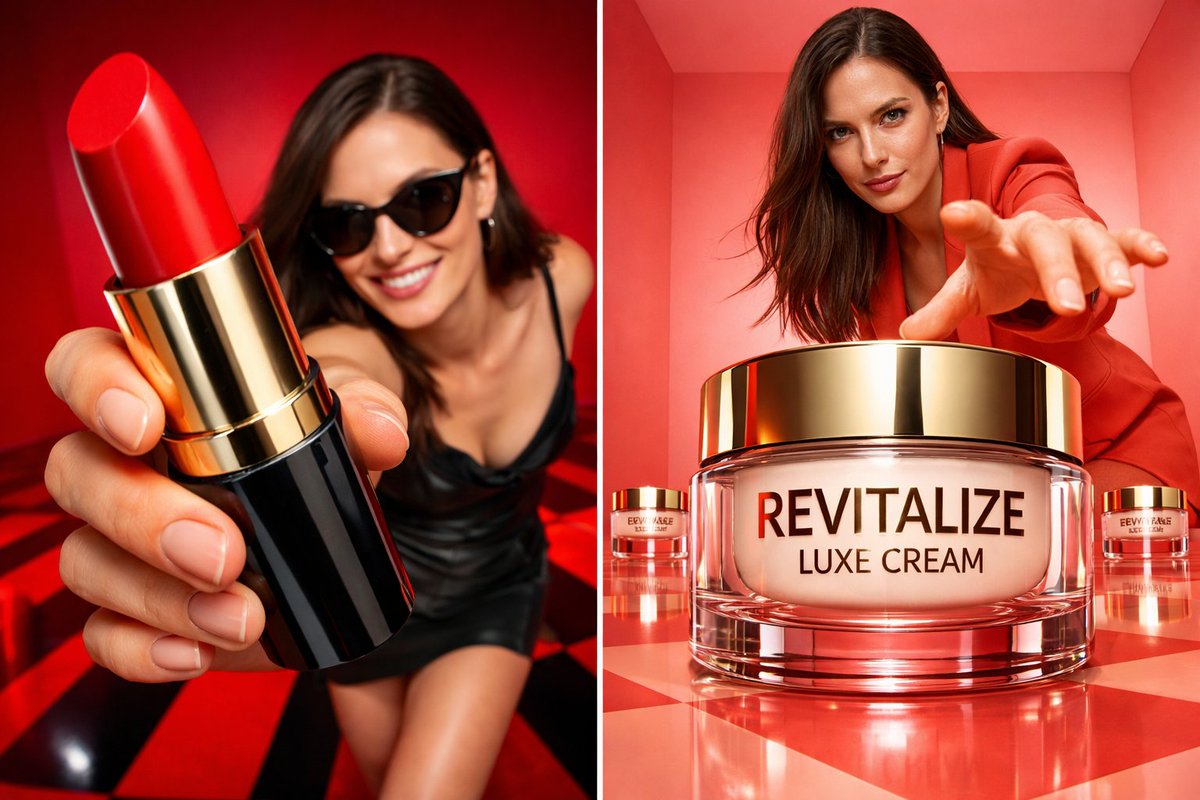 震撼视觉的深红影棚广角美妆大片 / Stunning Red Studio Wide Angle Beauty，人像与摄影，人像、时尚、产品图，案例输出图 1