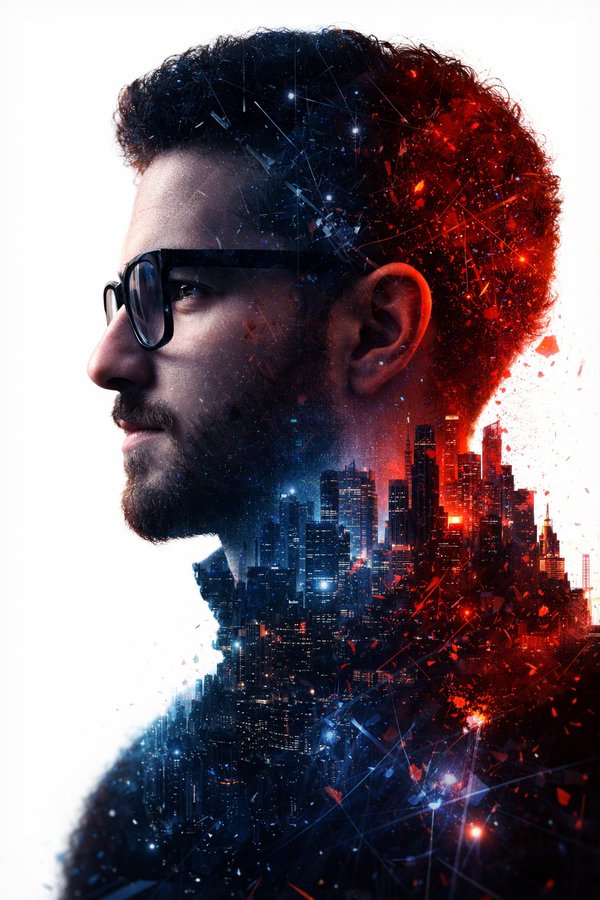 红蓝光影下的未来都市双重曝光青年 / Red Blue Light Future City Double Exposure Youth，人像与摄影，人像、电影感、时尚，案例输出图 1