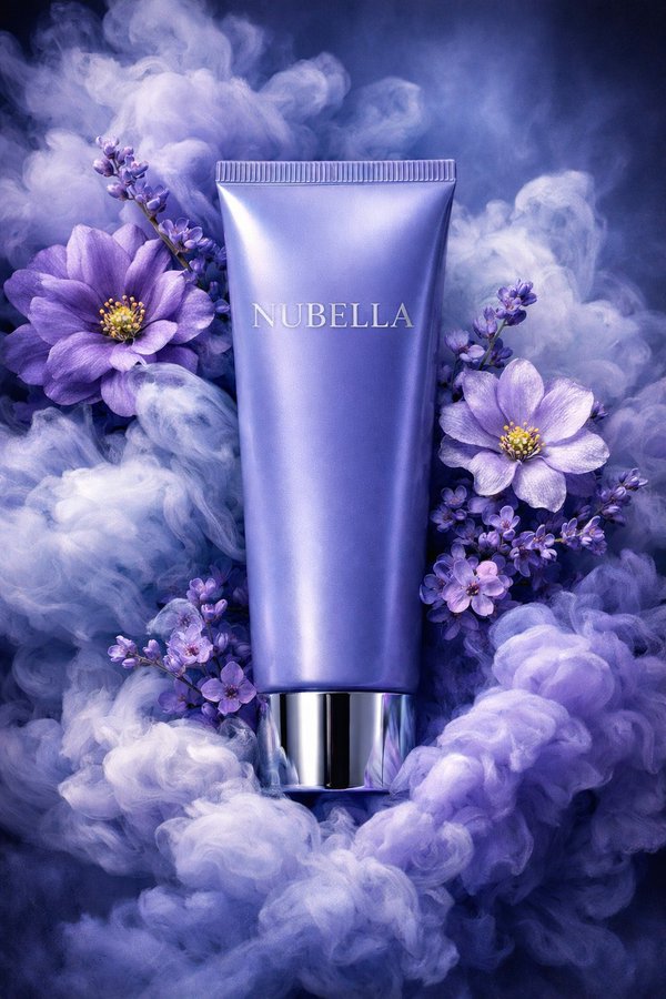 梦幻蓝紫烟雾环绕的NUBELLA奢华护肤软管 / Dreamy Blue Purple Nubella Skincare，人像与摄影，人像、电影感、角色，案例输出图 1