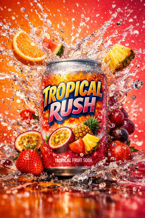 鲜艳霓虹光影下的动感苏打水飞溅商业海报 / Vibrant Neon Soda Splash Poster，人像与摄影，霓虹、人像、电影感，案例输出图 1