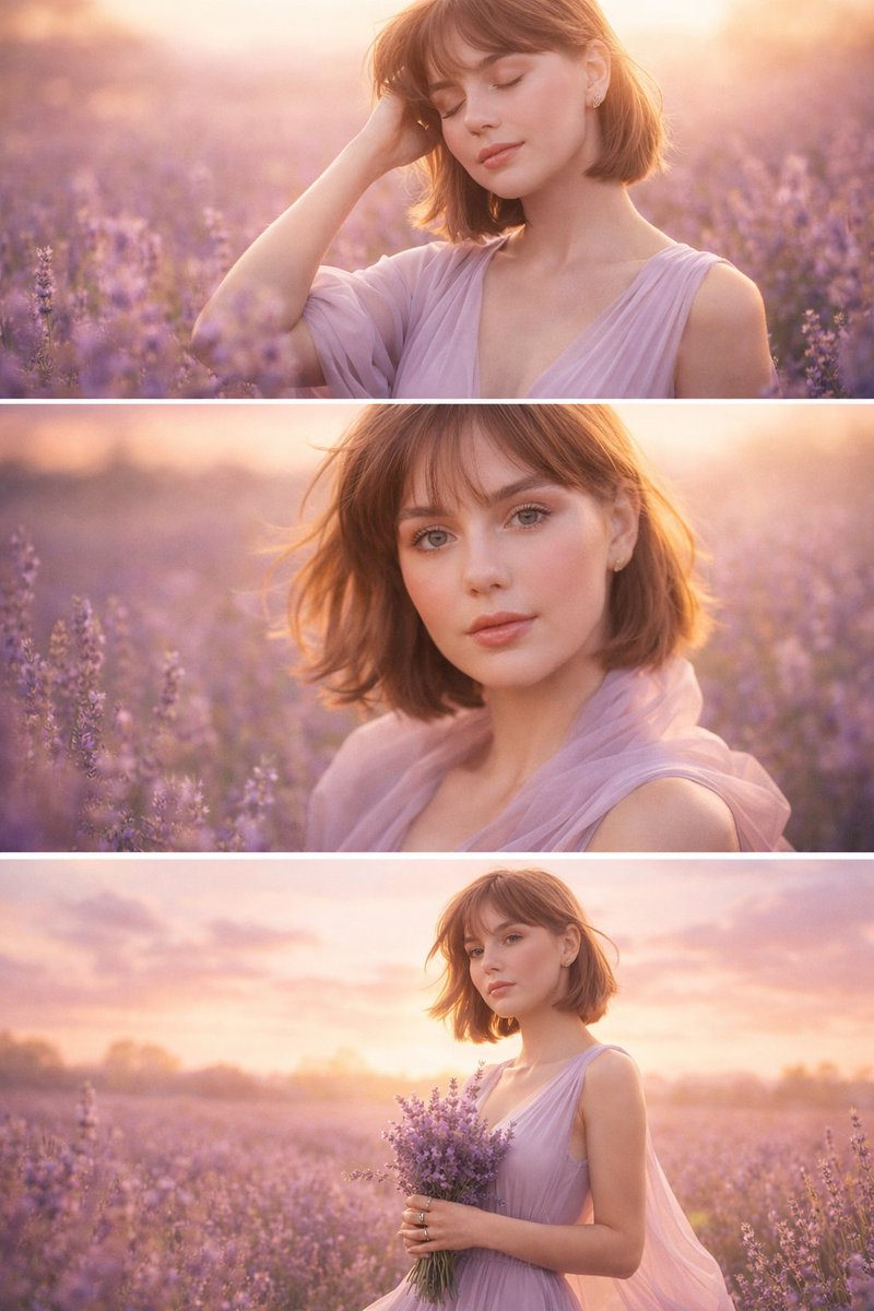 晨曦薰衣草田梦幻少女三联画 / Lavender Sunrise Dreamy Triptych，海报与插画，海报、插画、海报与插画，案例输出图 1