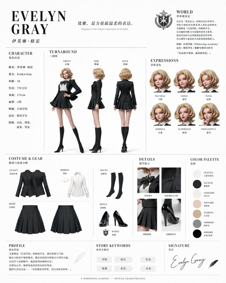 官方角色设定资料卡 / Official Character Reference Sheet，角色设计，插画、角色、排版，案例输出图 1