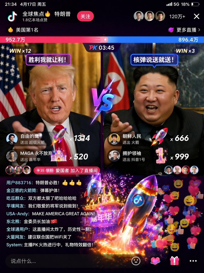 特朗普金正恩抖音直播打PK / Trump Kim Tiktok Pk，UI 与社交媒体截图，UI、截图、UI 与社交媒体截图，案例输出图 1