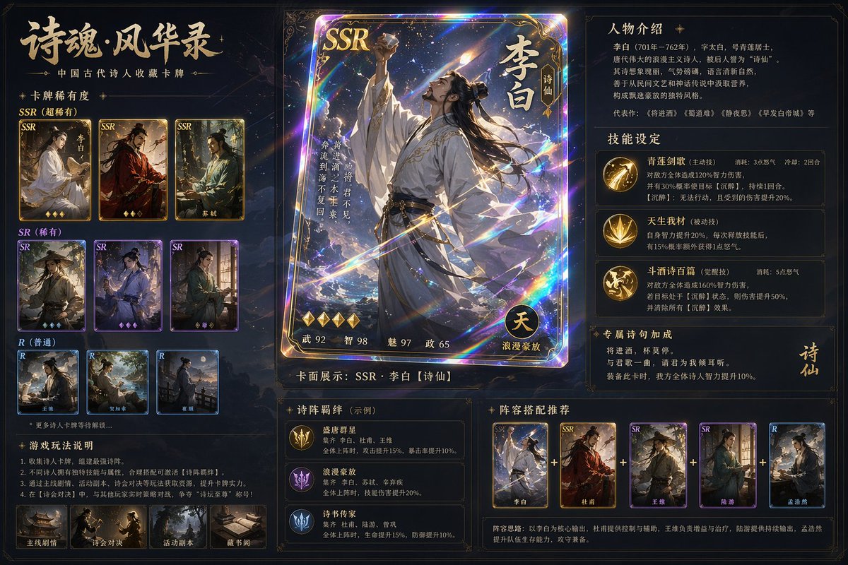 古风诗人镭射典藏卡牌 / Ancient Poet Holographic Collection，角色设计，角色、角色设计，案例输出图 1