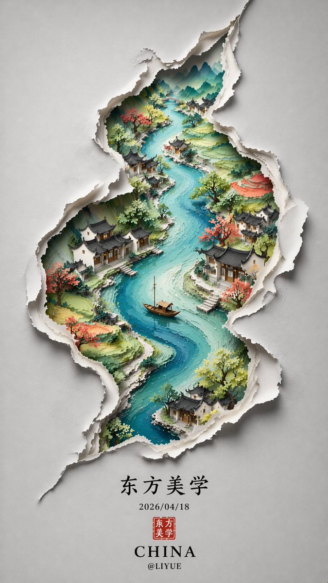 裂痕里的水墨东方山水画卷 / Cracked Ink Oriental Landscape，海报与插画，海报、插画、极简，案例输出图 1