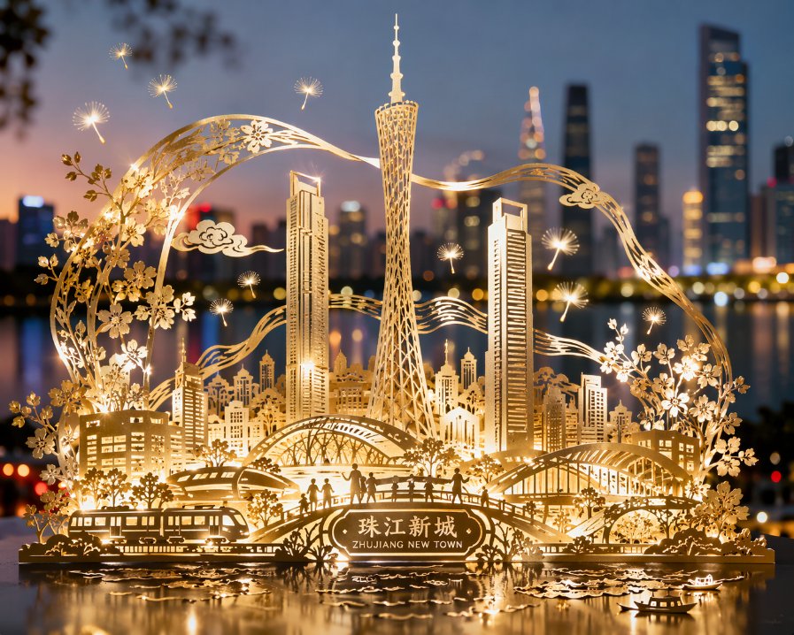 珠江新城剪纸璀璨夜景 / Zhujiang New Town Paper Cut Night，海报与插画，海报、插画、城市视觉，案例输出图 1