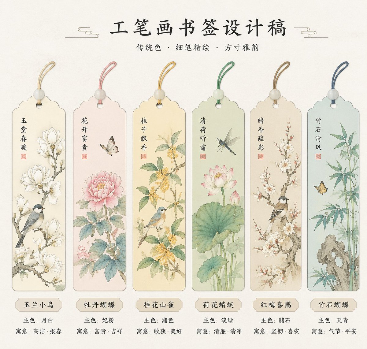 绝美国风工笔画书签设计 / Stunning Gongbi Bookmarks，海报与插画，海报、插画、海报与插画，案例输出图 1