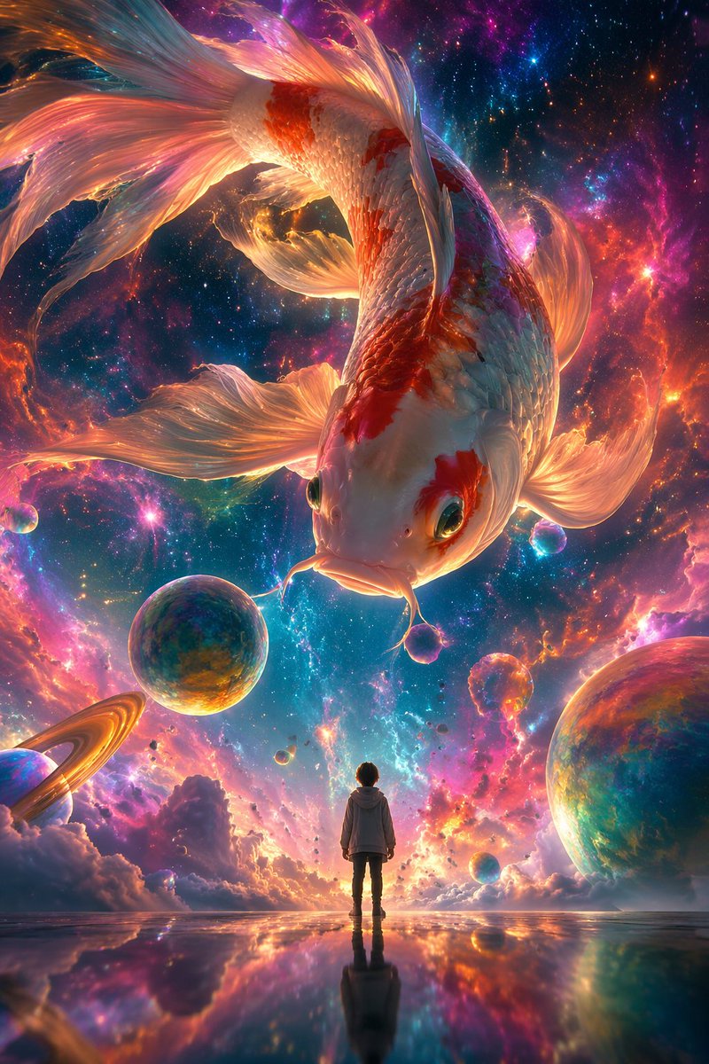 星云巨鲤与小人的奇幻对话 / Surreal Nebula Koi，海报与插画，海报、插画、竖版，案例输出图 1