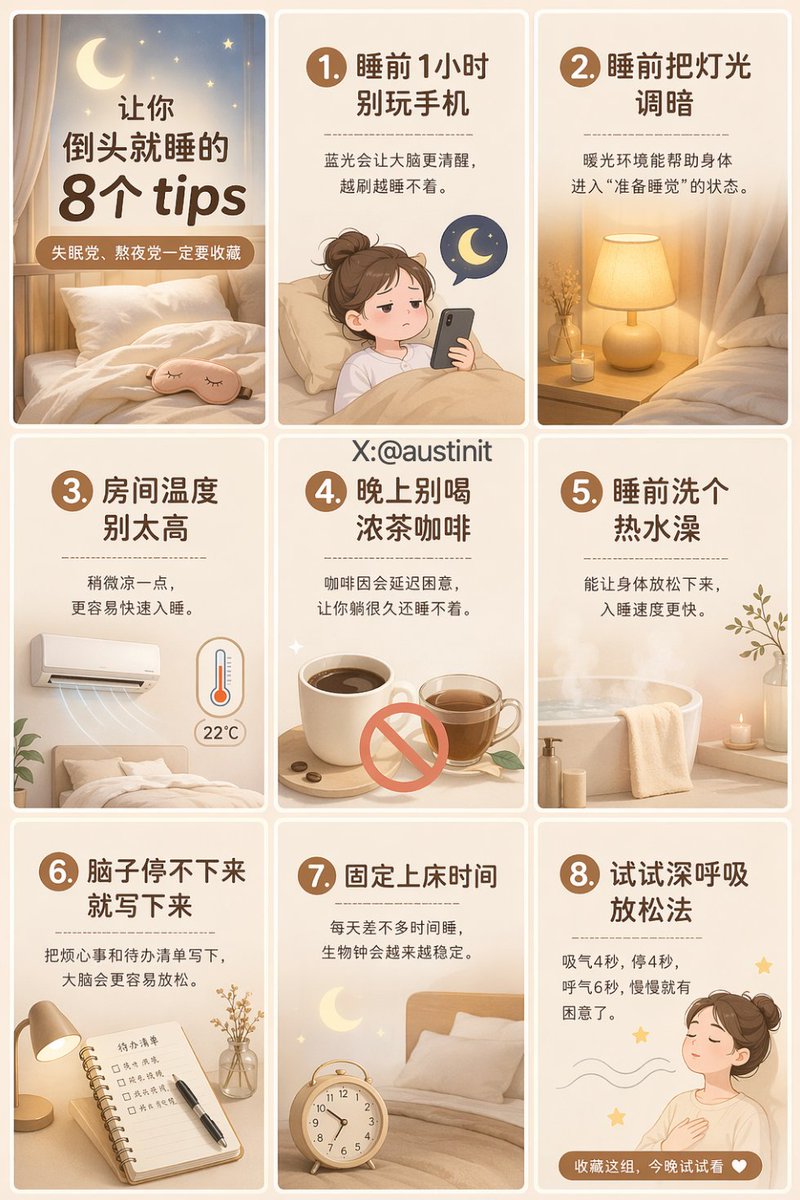 治愈系助眠指南九宫格 / Healing Sleep Guide Grid，角色设计，海报、插画、角色，案例输出图 1