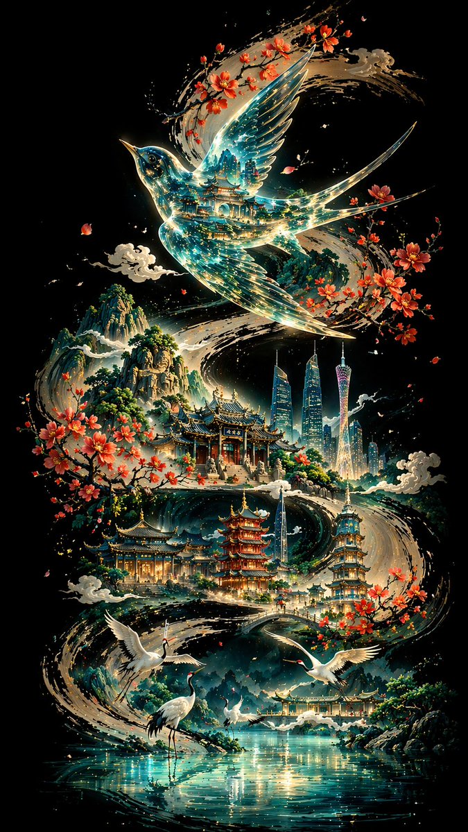 琉璃透明画眉鸟飞舞羊城墨卷 / Glazed Transparent Thrush Guangzhou，海报与插画，海报、插画、城市视觉，案例输出图 1