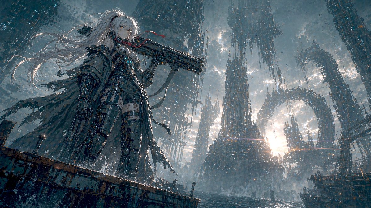 机甲少女立于废弃海城 / Mecha Girl Stands In Derelict Sea City，角色设计，35mm、电影感、时尚，案例输出图 1