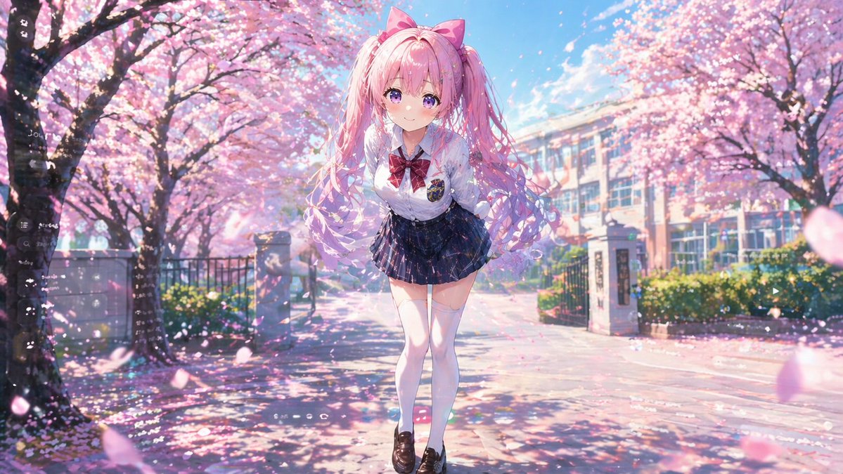 樱花树下害羞双马尾少女 / Cherry Blossom Twin Tails Girl，角色设计，角色、二次元、竖版，案例输出图 1