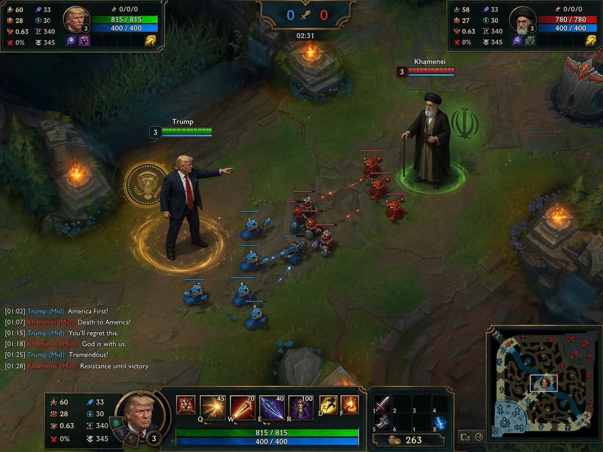 英雄联盟特朗普中路对决哈梅内伊 / Lol Trump Khamenei Mid Lane，UI 与社交媒体截图，UI、截图、UI 与社交媒体截图，案例输出图 1