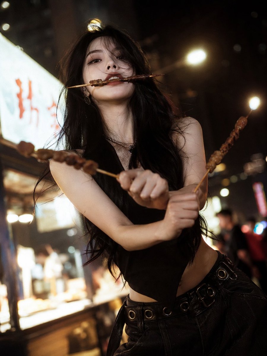 清冷佳人夜市烧烤三刀流 / Cool Beauty Bbq Zoro Pose，人像与摄影，35mm、人像、电影感，案例输出图 1