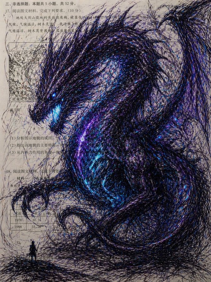 试卷上的涂鸦巨龙 / Doodle Dragon On Exam，海报与插画，霓虹、海报、插画，案例输出图 1