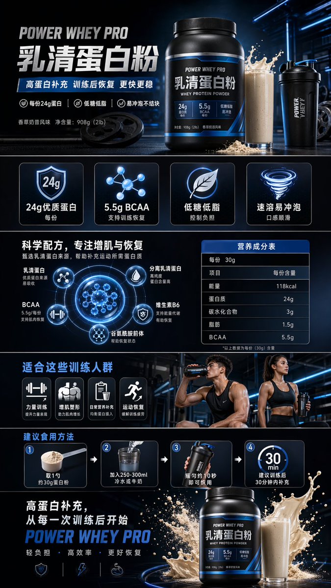 健身蛋白粉电商详情页 / Fitness Protein Powder Detail，海报与插画，海报、插画、产品图，案例输出图 1