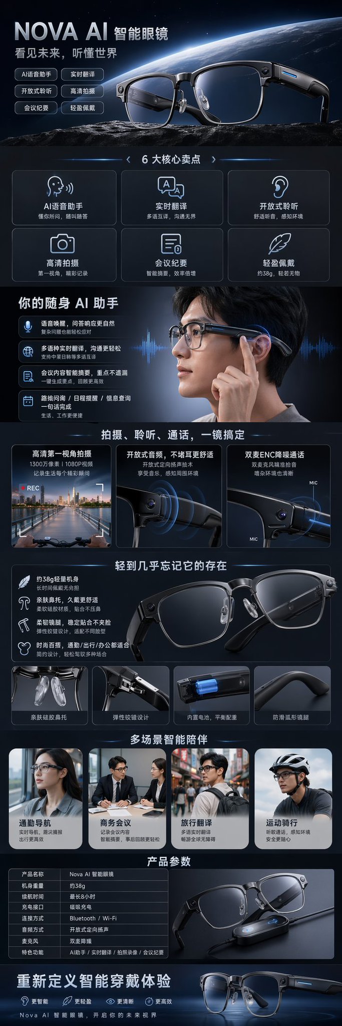未来科技感AI智能眼镜详情页 / Futuristic Ai Smart Glasses Detail，海报与插画，海报、插画、产品图，案例输出图 1