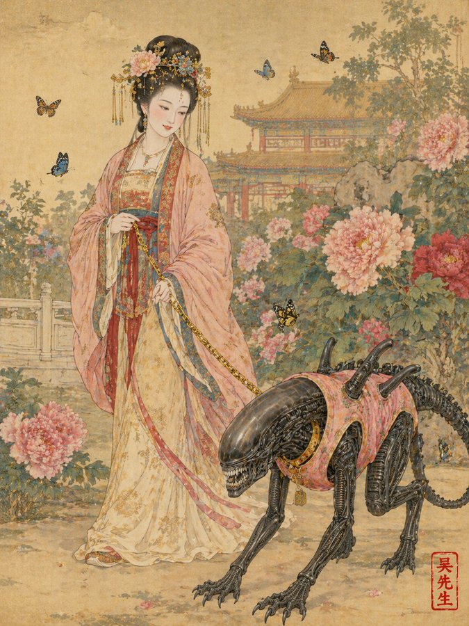 唐朝贵妇遛粉色马甲异形工笔画 / Tang Lady Walking Xenomorph，海报与插画，海报、插画、竖版，案例输出图 1